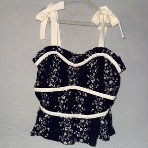 Sienna Sky Dark Blue Floral Tie-Shoulder Peplum Camisole with White Trim